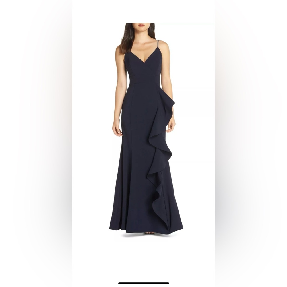 ELIZA J Navy Blue Stretch Crepe Cascading Ruffle V-Neck Gown Size 6 NWT
